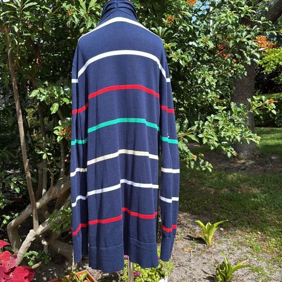 Lands' End Open Long Cardigan Sweater Navy Blue Striped 100% cotton medium - Picture 3 of 7